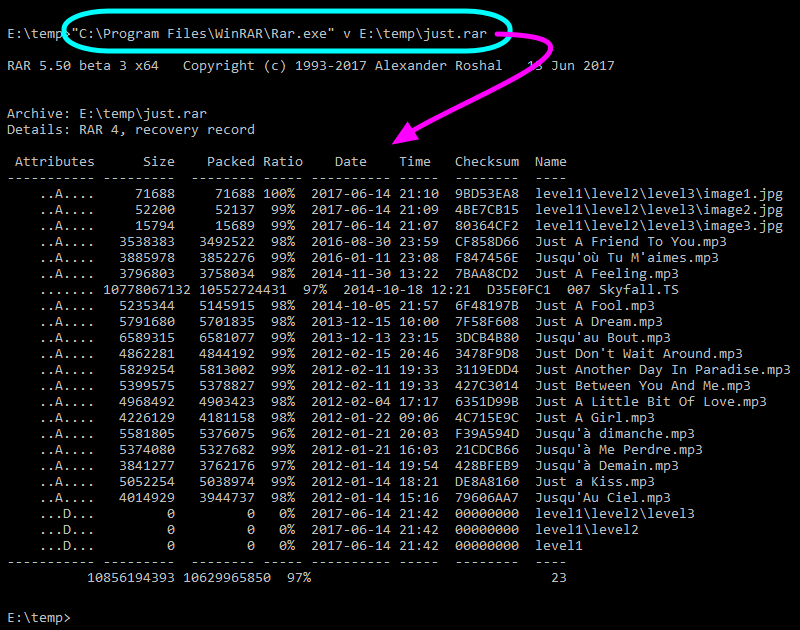 rar.exe: getting a list of files in the terminal